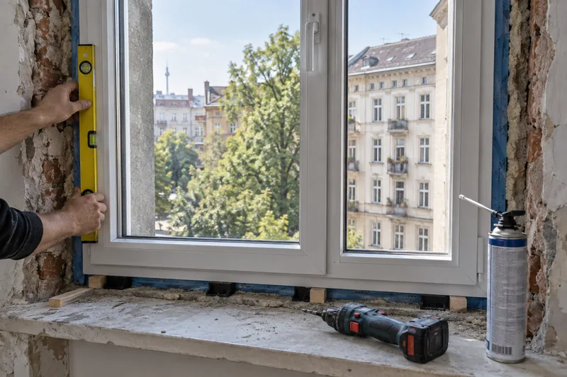 Fensterbau Berlin: Einbau eines neuen dreifach verglasten Fensters in die Laibung eines Altbaus