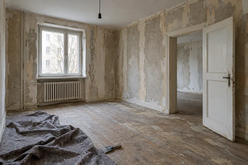 Komplettsanierung Berlin: leergeräumte Wohnung mit abgezogenen Wänden kurz vor dem Beginn der Arbeiten