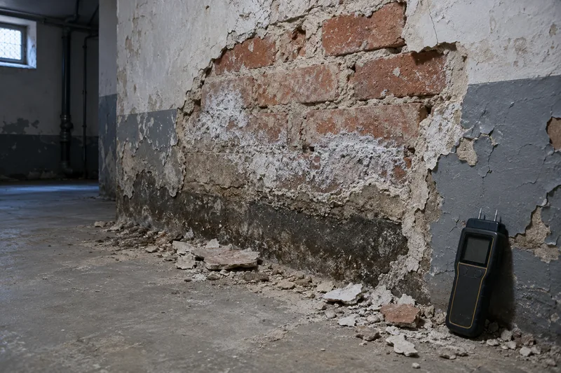 Feuchte Wand im Altbau: abgeplatzter Putz und Salzausblühungen an einer Berliner Kellerwand