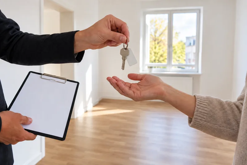 Modernisierung und Miete: Wohnungsübergabe mit Schlüssel und Protokoll in einer sanierten Berliner Wohnung